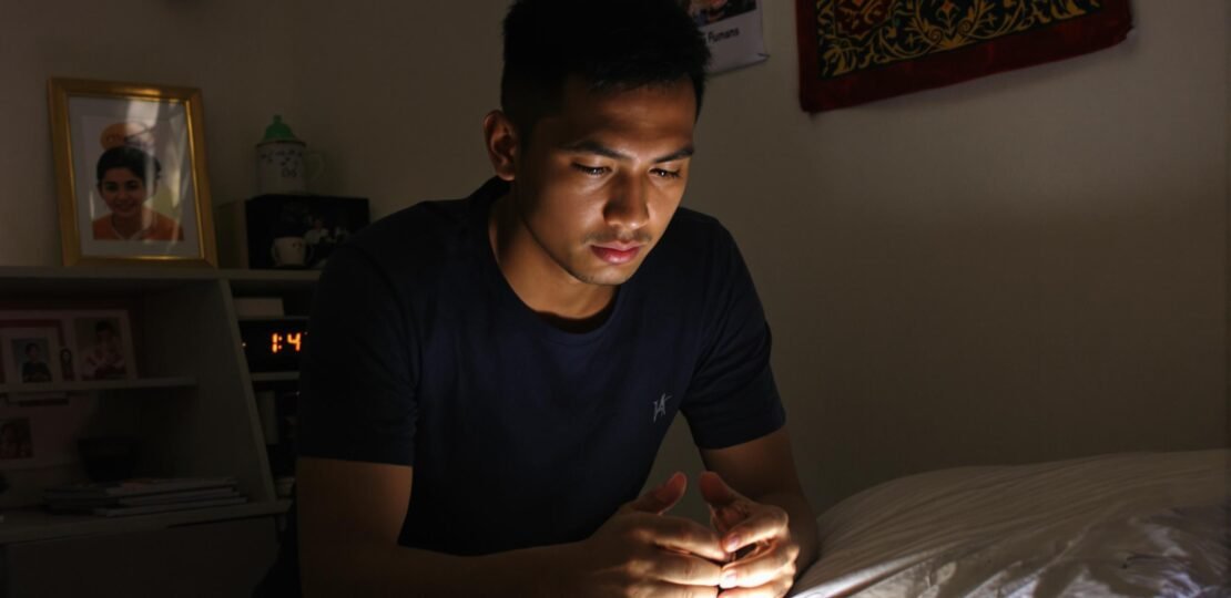 Seorang pria muda Indonesia duduk sendiri di kamar gelap dengan wajah cemas dan bingung, menggambarkan overthinking dan kehilangan arah hidup.