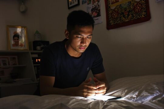 Seorang pria muda Indonesia duduk sendiri di kamar gelap dengan wajah cemas dan bingung, menggambarkan overthinking dan kehilangan arah hidup.