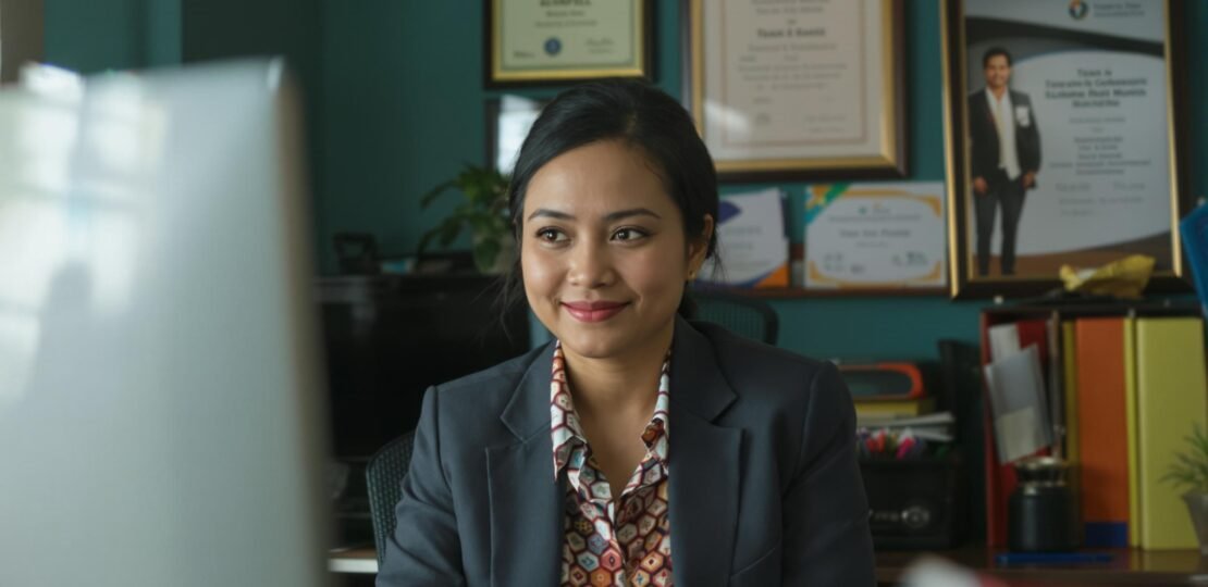 Pria atau wanita muda Indonesia duduk sendiri di kantor modern dengan ekspresi hampa meski terlihat profesional, menggambarkan krisis identitas dan kehilangan arah hidup.
