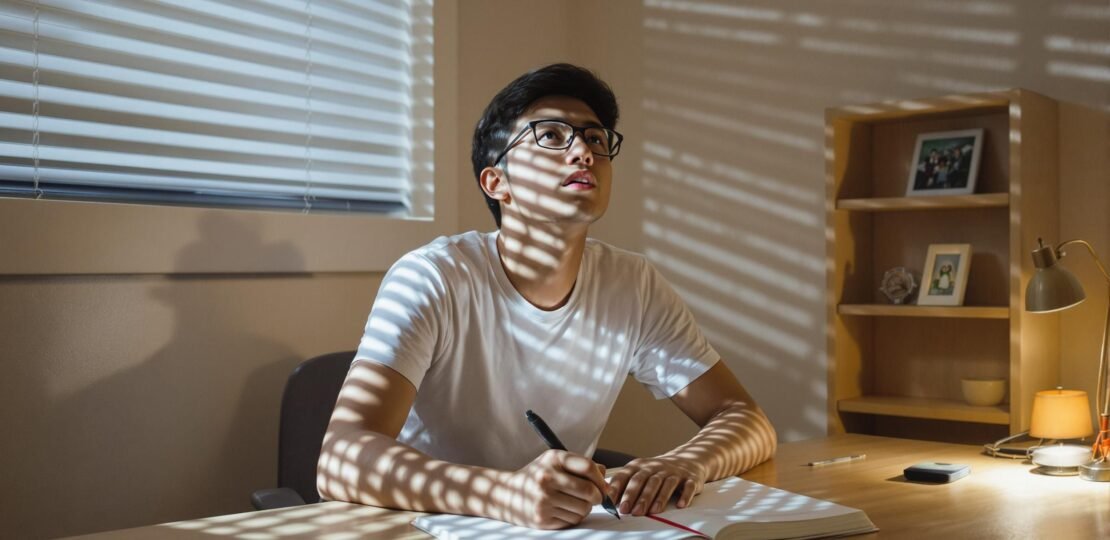 Pria muda Asia menulis di jurnal, tampak merenung dan tidak yakin, mewakili mengatasi kebingungan dan menemukan kejelasan dalam hidup